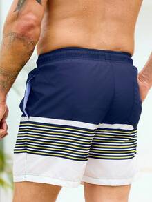 Manfinity Swimmode Men's Striped Drawstring Waist Pocket Beach Shorts - Blue - View 2