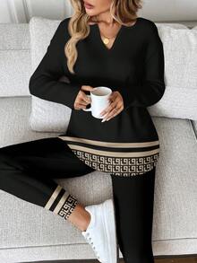 SHEIN LUNE 2pcs/Set Women Geometric Print Long Sleeve T-Shirt And Skinny Leggings, Autumn/Winter,Fall Fall Clothes For Women Winter Clothes Long Sleeve Sets 2 Pieces Lounge Sets Woman - Multicolor - View 1