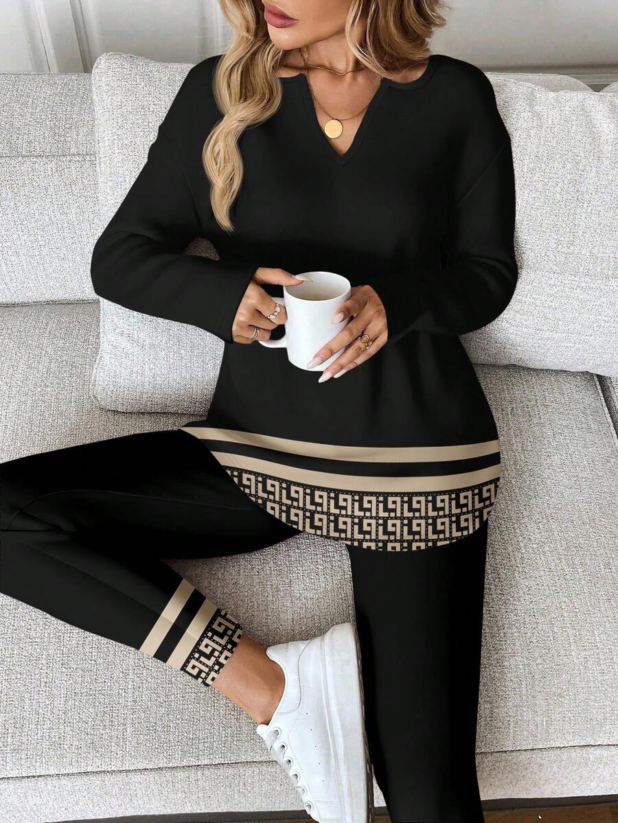 SHEIN LUNE 2pcs/Set Women Geometric Print Long Sleeve T-Shirt And Skinny Leggings, Autumn/Winter,Fall Fall Clothes For Women Winter Clothes Long Sleeve Sets 2 Pieces Lounge Sets Woman - Multicolor - View 1