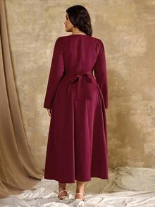 Roveilla 大码女式优雅法式浪漫复古办公室通勤街头风格下午茶派对感恩节返校方领 A 字长袖超长连衣裙，腰带蝴蝶结和泡泡袖 - 紫紅色 - 查看 2