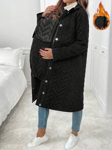 SHEIN معطف أمومة عملي أحادي اللون بتصميم بسيط وطويل ودافئ 3 في 1 - الأسود - مشاهدة 9