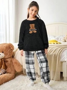 2 件套女童可爱熊贴花刺绣圆领长袖上衣和黑白格子印花法兰绒睡裤柔软舒适羊毛睡衣套装 - 黑色 - 查看 3