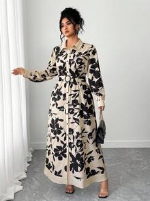 Elenzga Plus Size Women Long Sleeve Shirt Collar Dress - Multicolor - View 5