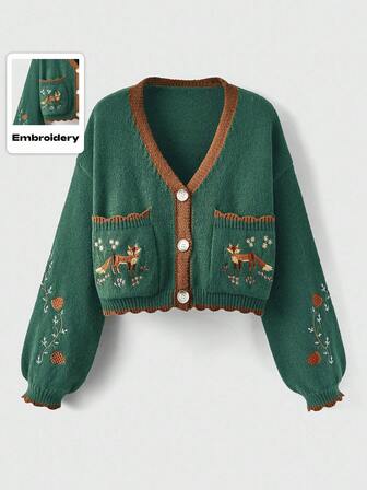 Fairycore Cardigan retrò in stile cottagecore di campagna con ricamo a contrasto di volpe e pianta di castagna