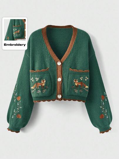 Fairycore Cárdigan de contraste de color con bordado de zorro y planta de castaña en estilo retro Cottagecore campestre para mujer