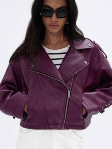 GENKIRA Retro Punk Style Cropped PU Leather Moto Jacket With Straps, Cool Design  - Purple - View 7