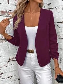 SHEIN Clasi 女士优雅荷叶边长袖百搭黑色夹克 - 紫紅色 - 查看 1