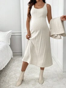 SHEIN 2件套孕妇休闲纯色纹理背心裙套装，秋季 - 杏色 - 查看 3
