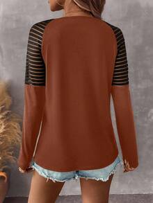 EMERY ROSE Women's Autumn Splice Shoulder Zip V-Neck Raglan Long Sleeve Casual Knit T-Shirt