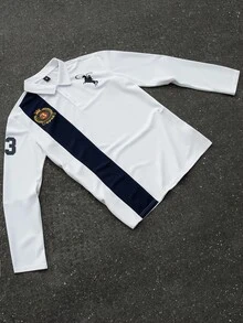 Manfinity Roughcore Men's Casual Contrast Color Button Half-Placket Long Sleeve Polo Shirt, Autumn Polo Shirt Men Long Sleeve Polo Men - White - View 1