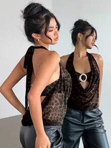 Aloruh Nueva blusa sin mangas con escote pronunciado y estampado de leopardo semitransparente, con decoración metálica moderna, adecuada para eventos formales, festivales de música y citas elegantes