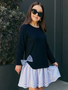 Tween Girl Casual Knit Crew Neck Long Sleeve Plaid Patchwork Dress - Apricot - View 6