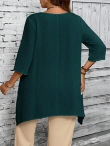 EMERY ROSE Áo sơ mi trắng thường ngày cổ tròn tay 3/4 cỡ lớn dành cho nữ, viền bất đối xứng, quần áo nữ mùa xuân và mùa thu - Màu xanh lá cây đậm - Xem 2