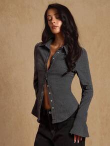 Glamine Chemise décontractée élégante en gris foncé tissé, sans stretch, col à revers, fermeture par boutons devant, poignets évasés, blouse à manches longues pour femmes, printemps/automne - Gris foncé - Voir 4