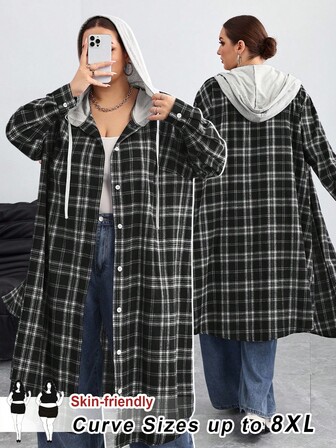 SHEIN CURVE+ 大码女式休闲格子长款连帽夹克，时尚毛绒格子印花前口袋长袖常规夹克，秋冬