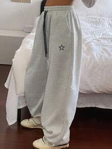 DAZY Teens Girls Thermal Lined Straight Leg Pants, Loose Casual Sweatpants With Star Pattern, Autumn - Grey - View 1