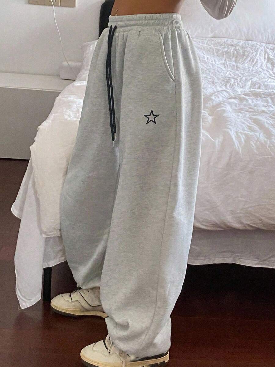 DAZY Teens Girls Thermal Lined Straight Leg Pants, Loose Casual Sweatpants With Star Pattern, Autumn - Grey - View 1