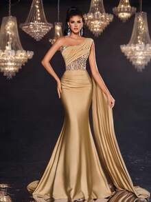 Glamrae Elegante y grácil top tubo asimétrico de punto en color albaricoque brillante con puntadas y lentejuelas, hombro asimétrico, pieza flotante de hombro asimétrico extra larga, hermoso bordado pesado, cintura transparente, parche de espina de pescado, forma de cola de pez. Adecuado para citas, baile, cena, eventos de boda, ceremonia de graduación, vestido de noche elegante - Albaricoque - Ver 3