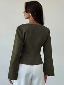Aloruh New Stylish Commuter Waist Ruched Asymmetric Hem Long Flare Sleeve V-Neck Pullover Blouse - Army Green - View 2