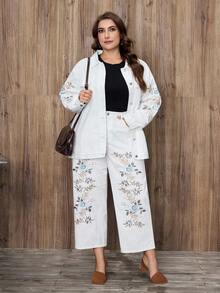 EMERY ROSE Plus Size Women's Summer Casual Embroidered Denim Jacket - White - View 2