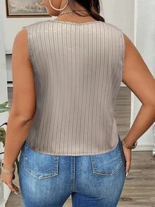 SHEIN CURVE+ 加大码 V 领条纹前扣无袖西装外套无袖衬衫灰色条纹上衣纽扣上衣女式上衣灰色衬衫女式 - 彩色 - 查看 2