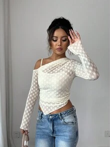 Selianne Fashionable New Oblique Shoulder Lace Sexy Lace Long Sleeve Women T-Shirt - Apricot - View 5