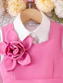 2pcs/Set Young Girls Sleeveless Dress With Cute Pink Floral Decor, Paired With White Long Sleeve Basic Shirt Undershirt Fall Winter - Pink - View 4