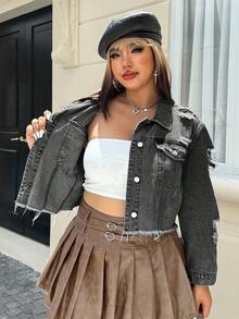 SHEIN EZwear 大码时尚休闲磨损破洞前扣牛仔夹克 - 淺灰色 - 查看 2