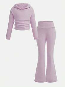 SHEIN 2 件套年轻女孩街头风格运动时尚基本款连帽衫和喇叭裤紫色运动服，长袖连帽衫和喇叭裤