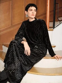 Uhlyne Uhlyne Elegant Casual Business Women's 2 Pieces Set, Stand Collar, Minimalist, Loose, Comfortable Outfit - Black - View 8