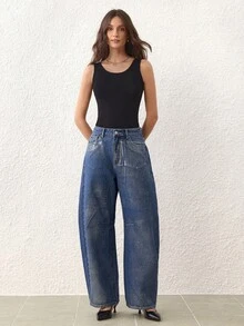 SHEIN Frenchy Damen Jeans mit Metallic-Effekt, locker geschnitten, Lässig, Tapered Bein - Blau - Übersicht 7