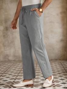 Manfinity VCAY Men's Casual Woven Mid-Waist Drawstring Tapered Ankle-Length Pants, Old Money, Fall - Grey - View 3