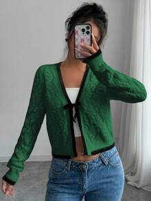 Selianne French Casual Versatile Diamond Textured Long Sleeve Pullover Knit - Green - View 4