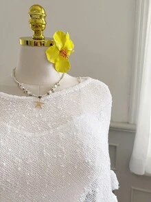 SHEIN EZwear 大码女式绿色荷叶边下摆半透明休闲钩针斗篷，适合夏季外出和约会 - 白色 - 查看 4