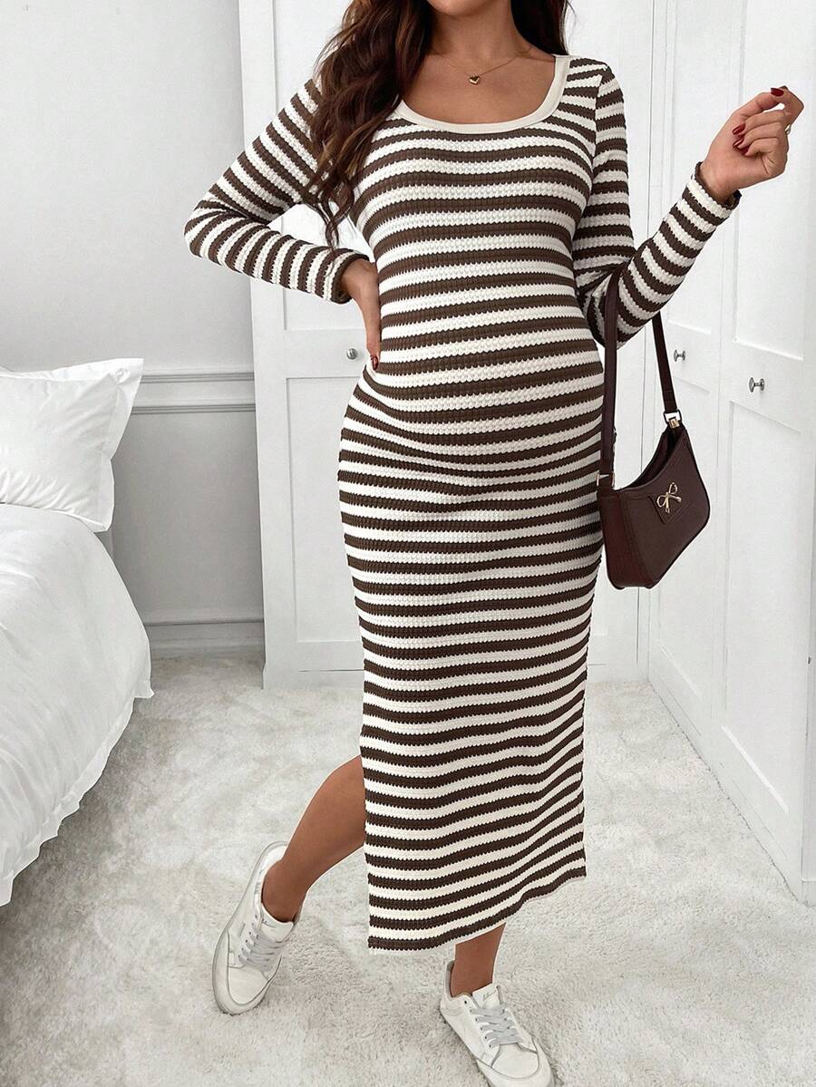 SHEIN 孕妇条纹圆领长袖侧开衩下摆修身休闲连衣裙