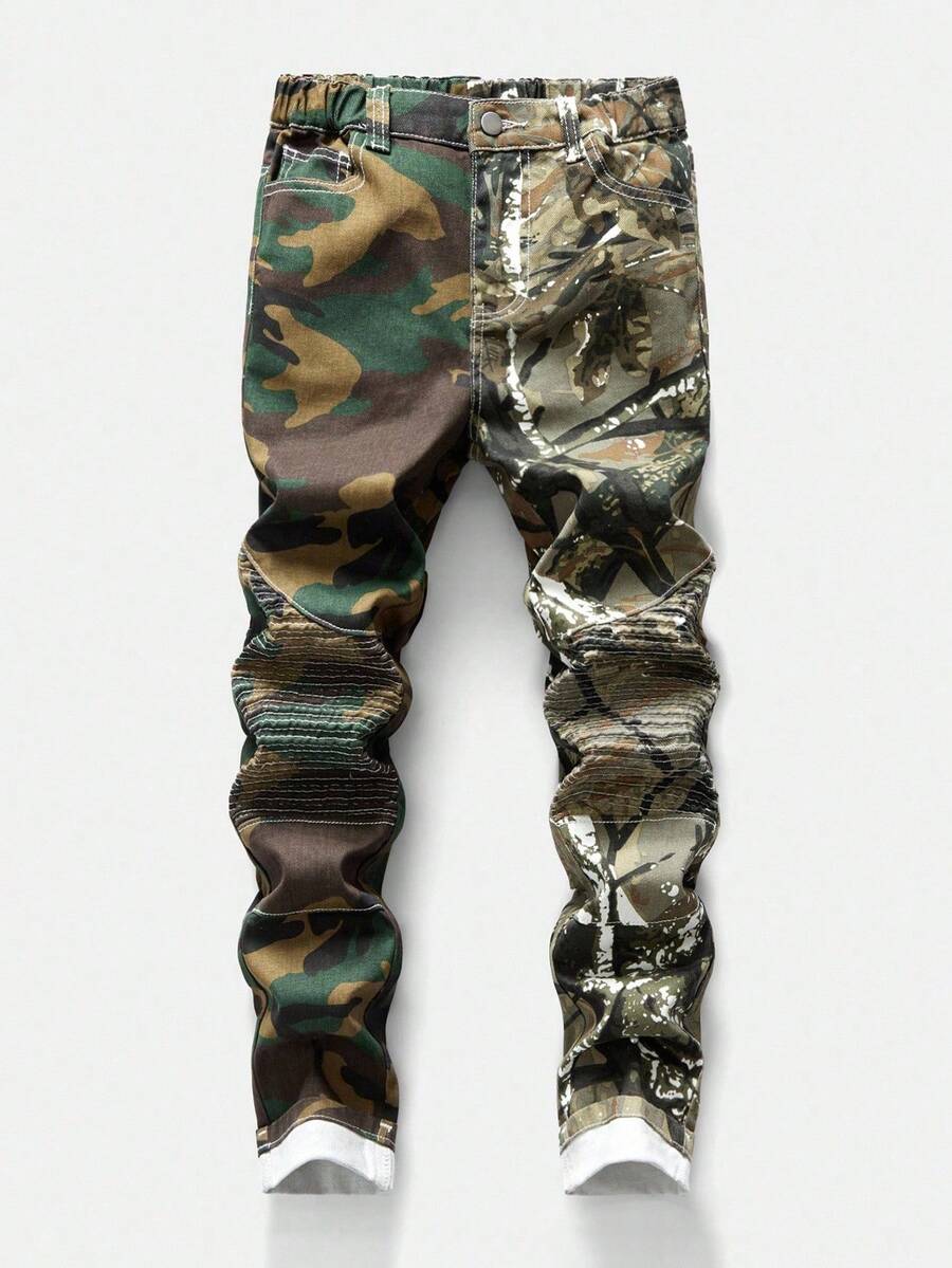 Teen Boys' Y2K Style Tree Camo Washed Denim Jeans, Straight Leg With Frayed Hem, Casual & Cool For School Fall Winter - Army Green - View 1
