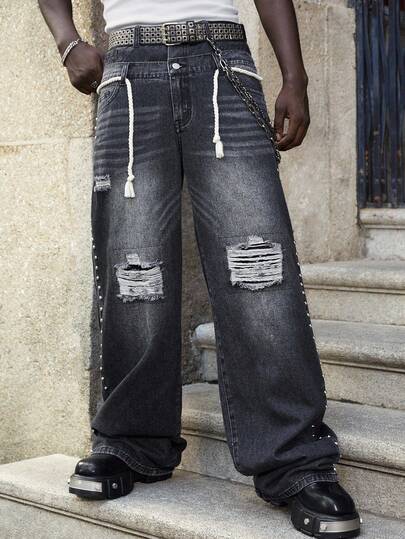 Street Life Jeans casual larghi con gamba ampia, vita con doppia fascia e tasche, effetto vissuto, per uomo