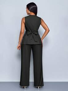 SOLERSUN 2 件套女士休闲时尚日常百搭不对称领口无袖不对称下摆衬衫和高腰阔腿裤（配腰带） - 黑色 - 查看 2