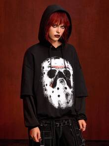 Friday the 13th X ROMWE 女士口罩图案长袖连帽二合一运动衫 - 黑色 - 查看 5