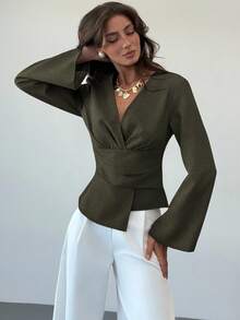 Aloruh New Stylish Commuter Waist Ruched Asymmetric Hem Long Flare Sleeve V-Neck Pullover Blouse - Army Green - View 3
