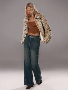 TRNVIE 1pc Brown Fuzzy Leopard Print Lapel Collar Relaxed Fit Lined Jacket, Suitable For Office, Commuting, Casual Wear In Autumn/Winter