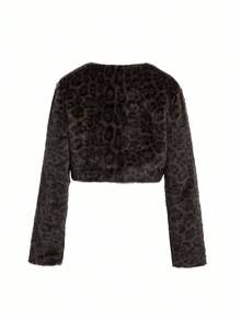 Ellevyn 女式圆领长袖前开襟豹纹棕色优雅休闲外套短款仿皮草夹克，秋冬 - 彩色 - 查看 5