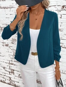 SHEIN Clasi Women's Elegant Ruffle Front Long Sleeve Versatile Black Jacket In Fall/Winter - Teal Blue - View 7