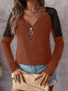EMERY ROSE Women's Autumn Splice Shoulder Zip V-Neck Raglan Long Sleeve Casual Knit T-Shirt