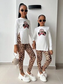 SHEIN 少女休闲针织豹纹印花长袖露脐上衣和豹纹打底裤套装，少女豹纹套装，女童豹纹服装，女童两件套裤装，青少年女童豹纹打底裤，女童猎豹套装，青少年两件套裤装，女童时尚秋冬服装 - 白色 - 查看 6
