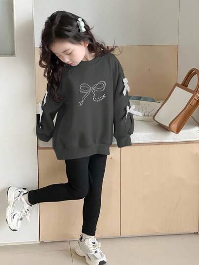 Dazy Kids 2件套女童圆领针织蝴蝶结印花套装