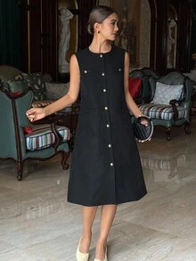 DAZY Women's Solid Color Round Neck Fitted Long Sleeveless Casual Vest Jacket, Autumn/Winter Women Coats - Black - View 6