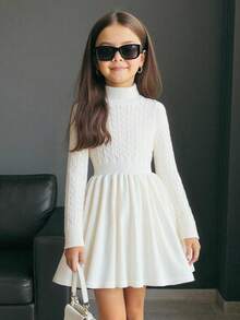 SHEIN Tween Girl Casual Solid Color Stand Collar Long Sleeve Sweater Dress,In Fall/Winter