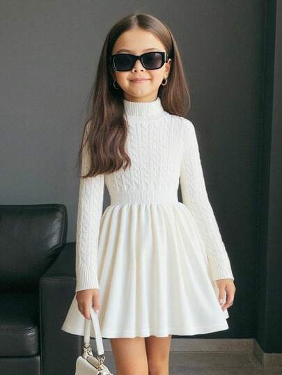 SHEIN Tween Girl Casual Solid Color Stand Collar Long Sleeve Sweater Dress,In Fall/Winter