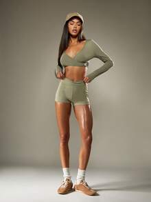 Missguided x Playboy Long Sleeve Wrap Front Crop Top With Bunny Logo V Neck Athletic Style